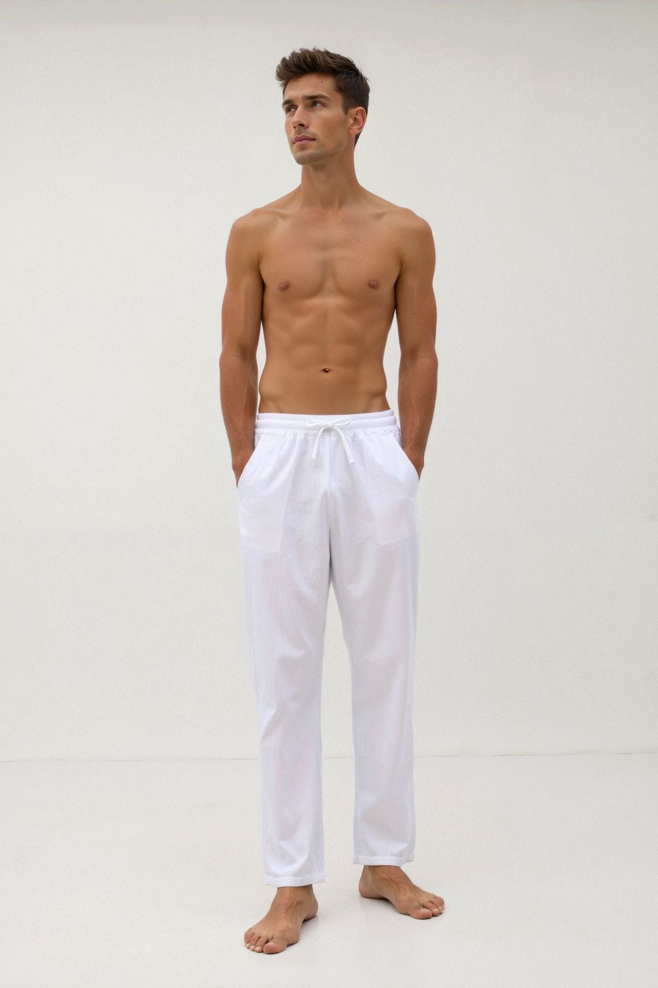 Pantalons à cordon en mélange de coton et de lin