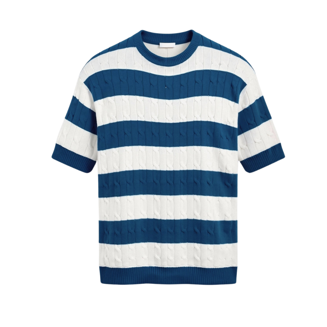 T-shirt à col rond en tricot torsadé rayé