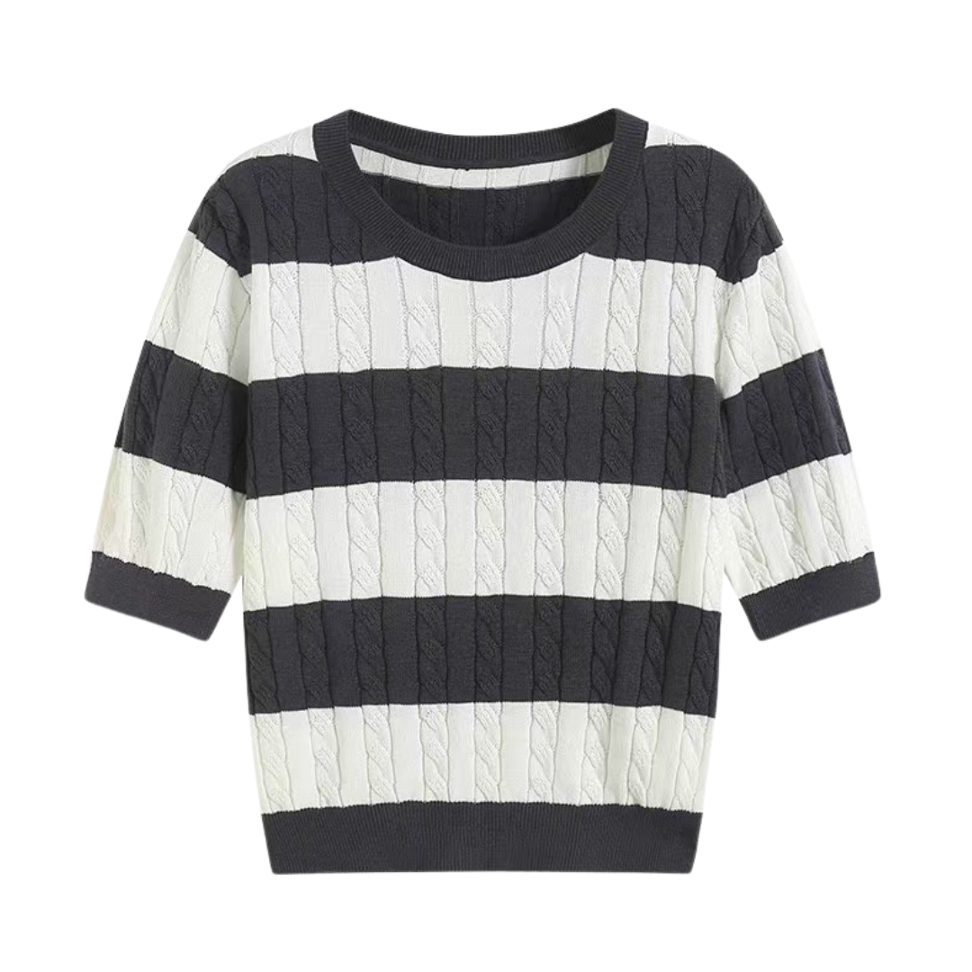 T-shirt à col rond en tricot torsadé rayé